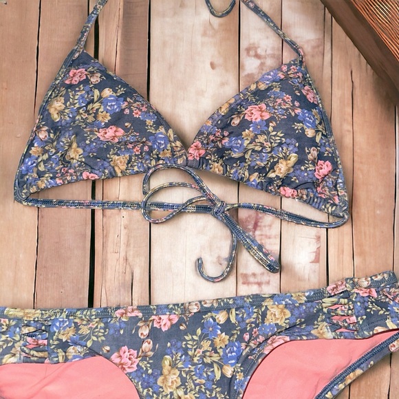 Eidon Blue & Pink Floral Print Bikini Top Set XL Top Large Bottoms Moxie Rebel - Picture 2 of 9